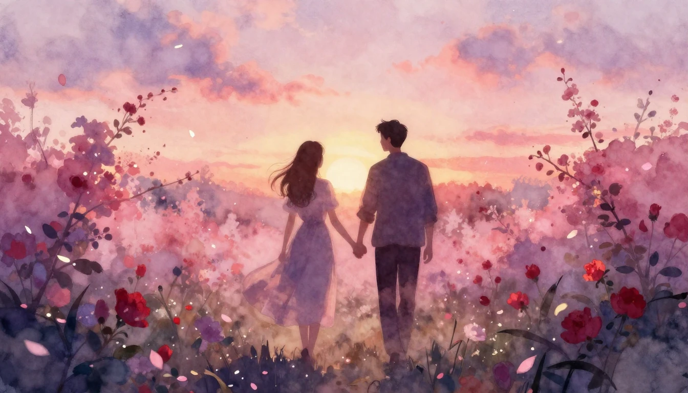 A beautiful watercolor painting of two silhouettes walking h...