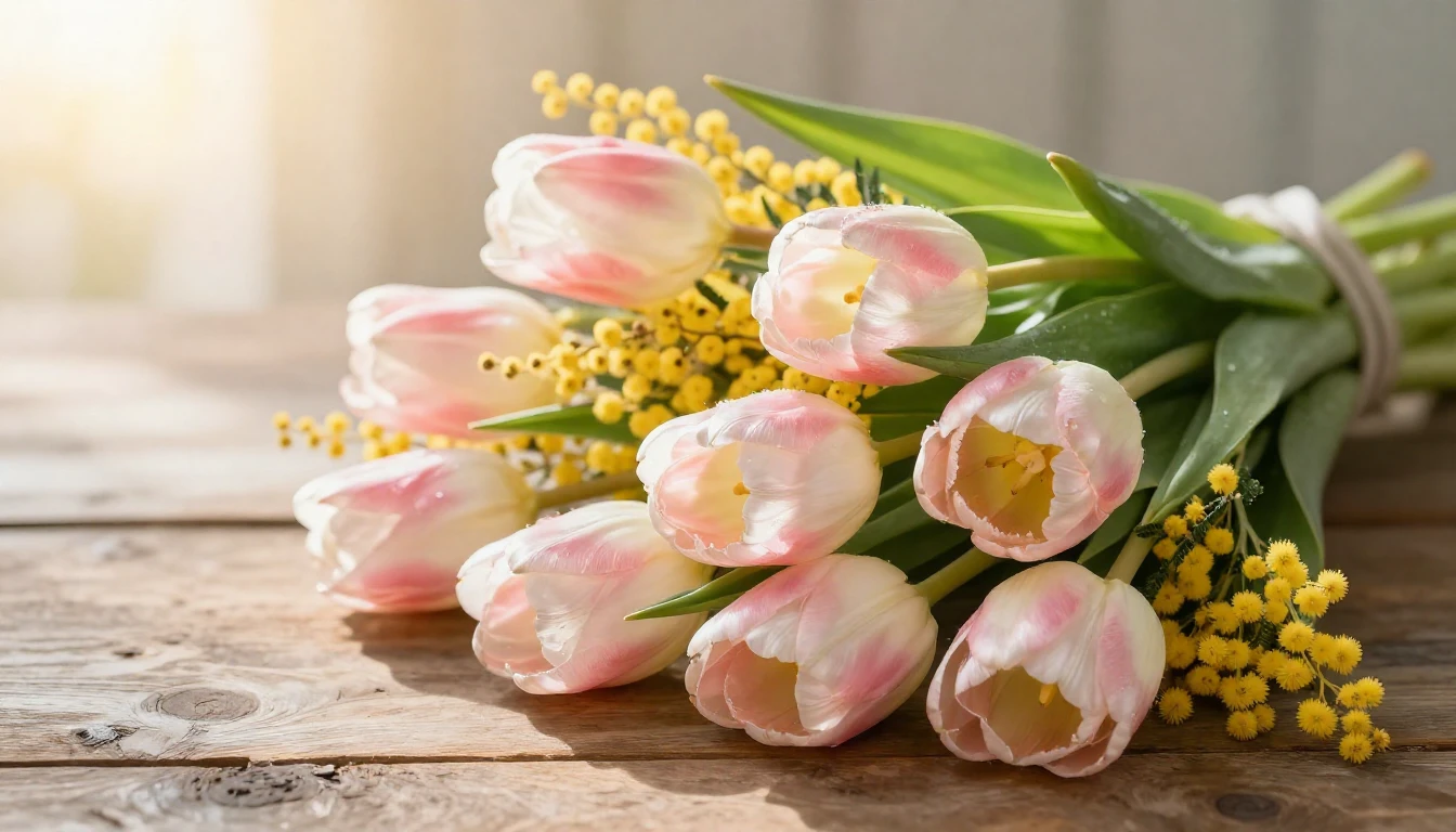 A beautiful spring bouquet of tulips and mimosa flowers rest...