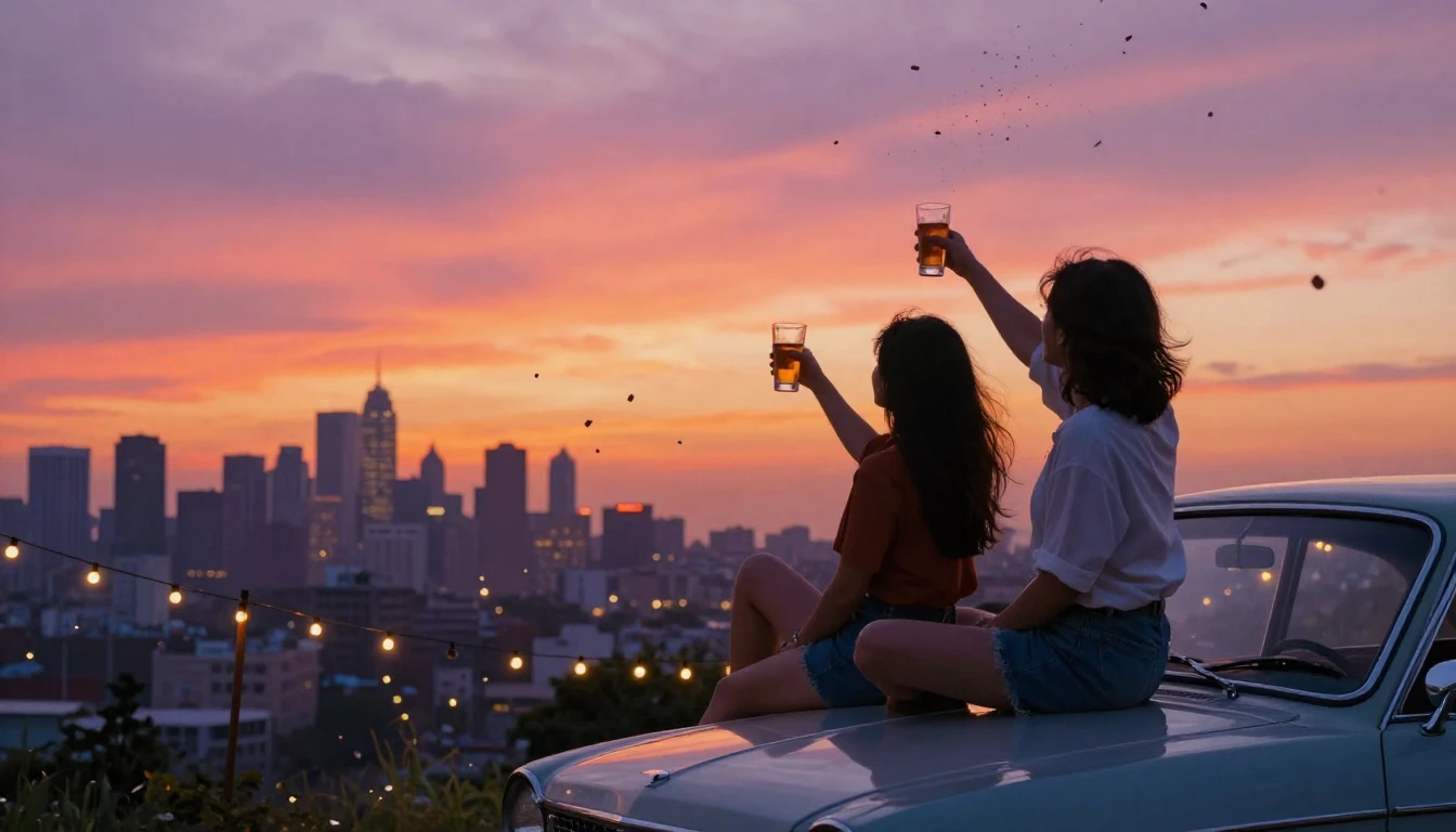 A heartwarming scene of two friends sitting on the hood of a...