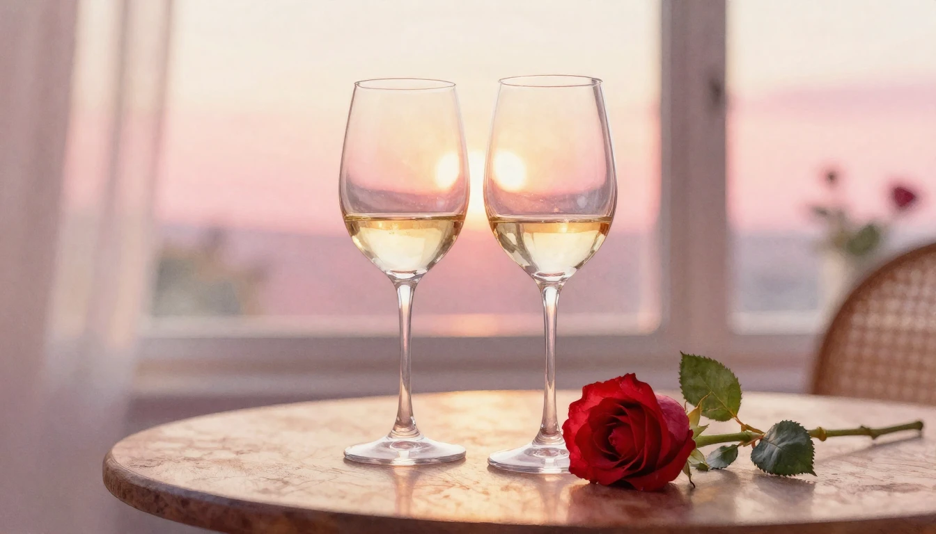 A soft watercolor painting of two elegant wine glasses sitti...