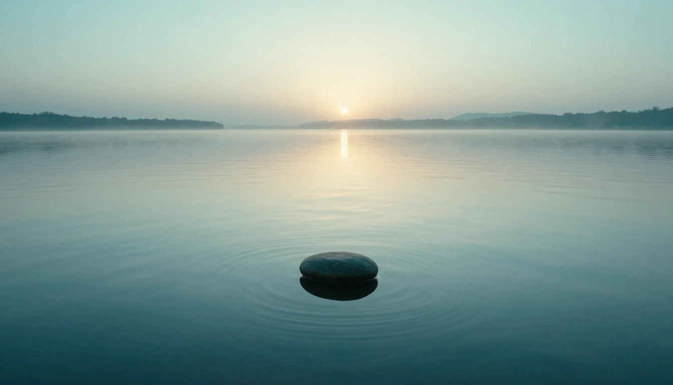 A serene landscape featuring a calm, mirror-like lake at daw...