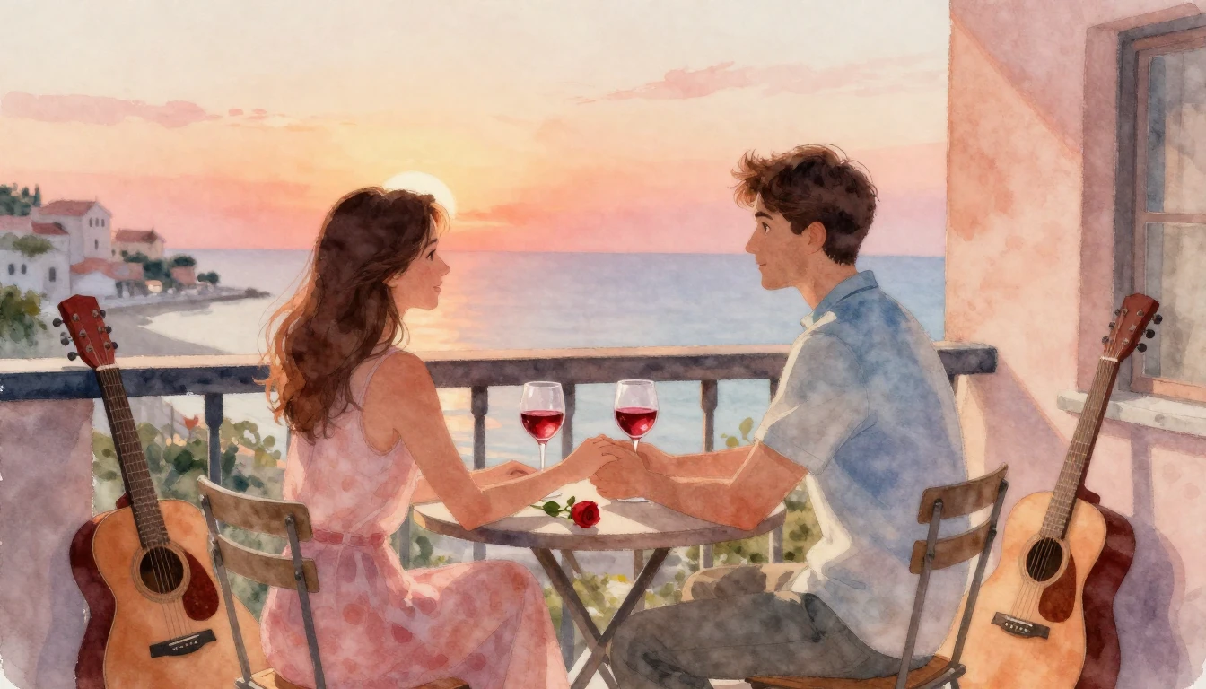 A romantic watercolor painting of a couple sitting on a cozy...