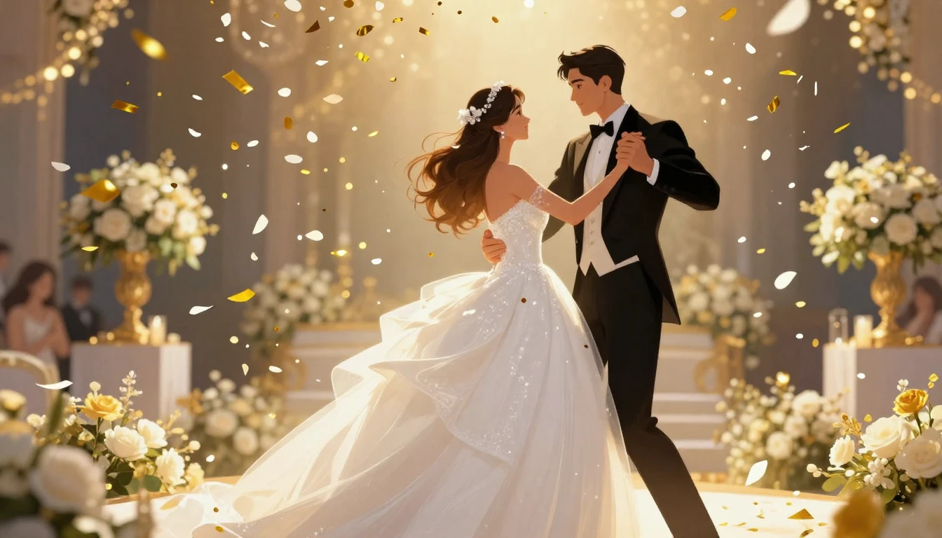 A magical and vibrant digital art illustration of a wedding ...