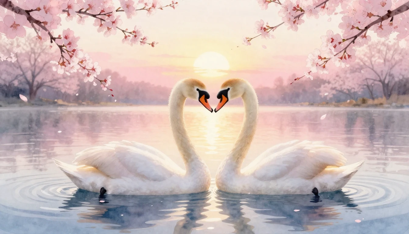 A delicate watercolor painting of two elegant swans forming ...