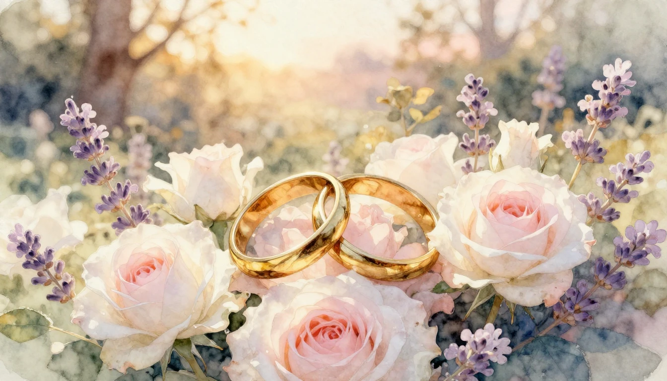 A beautiful watercolor painting of two intertwined golden ri...