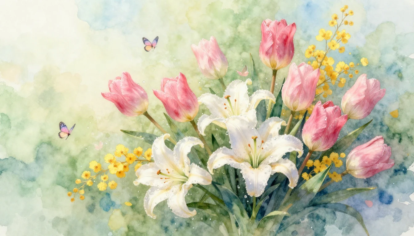 A delicate and vibrant watercolor painting of a lush bouquet...