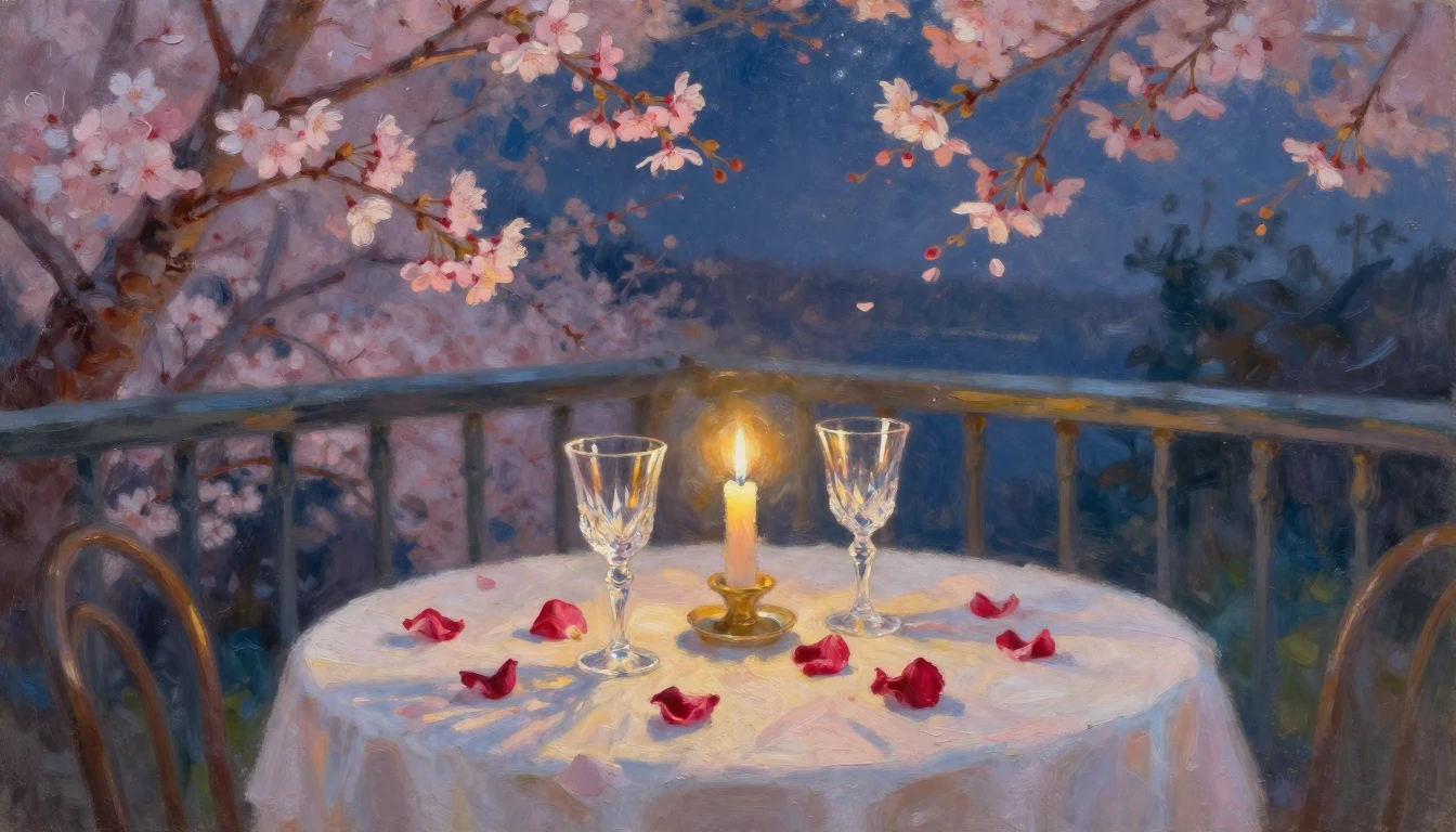 An impressionist oil painting of a candlelit dinner table fo...
