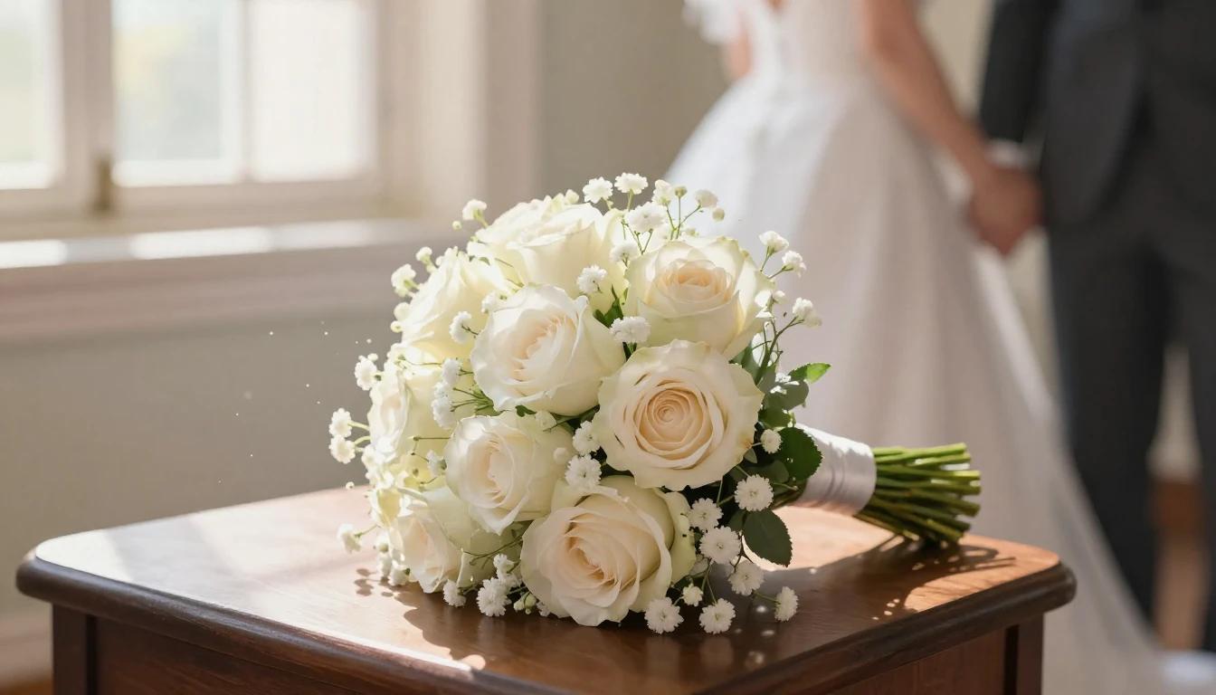 A warm and sentimental illustration of a wedding bouquet mad...