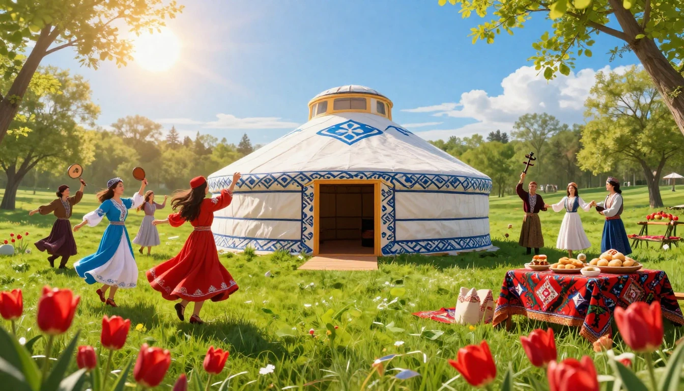 A vibrant and festive spring scene celebrating the Nauryz ho...