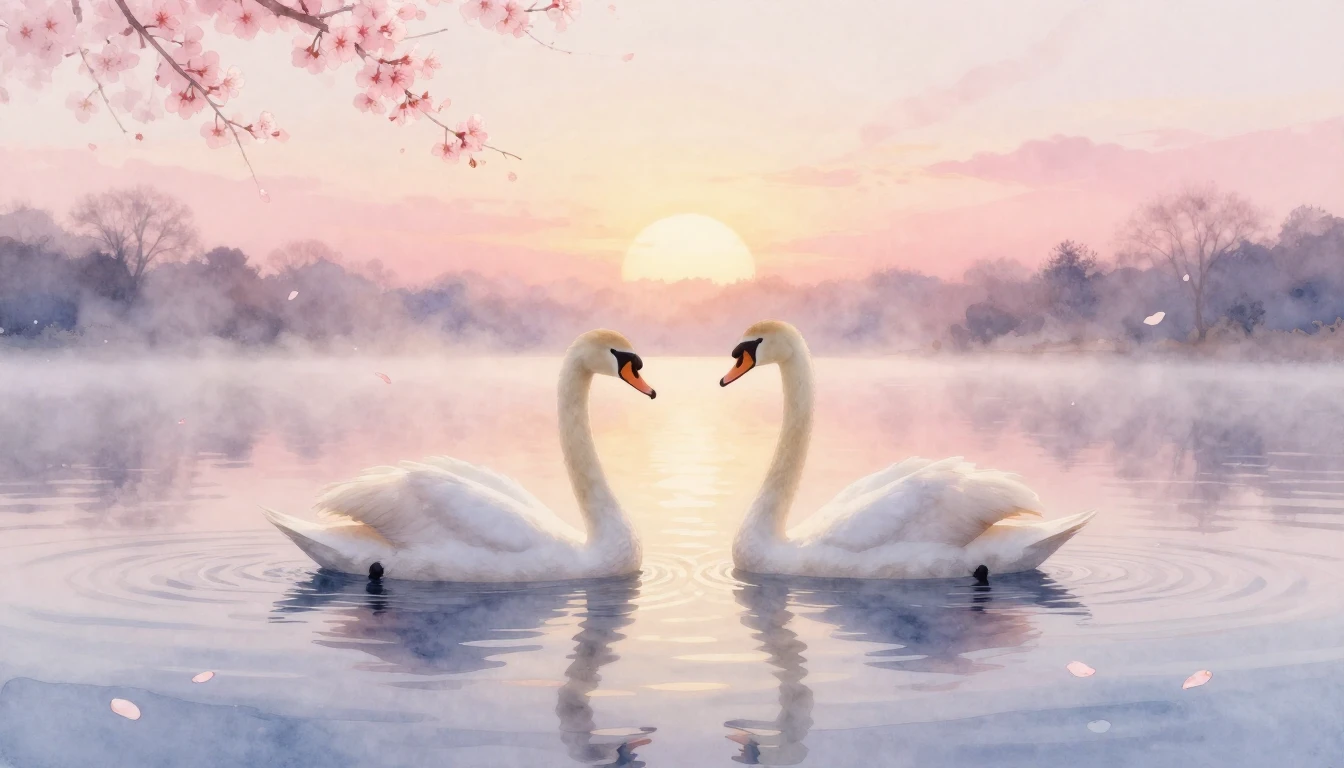 A soft watercolor painting of two elegant swans gliding on a...