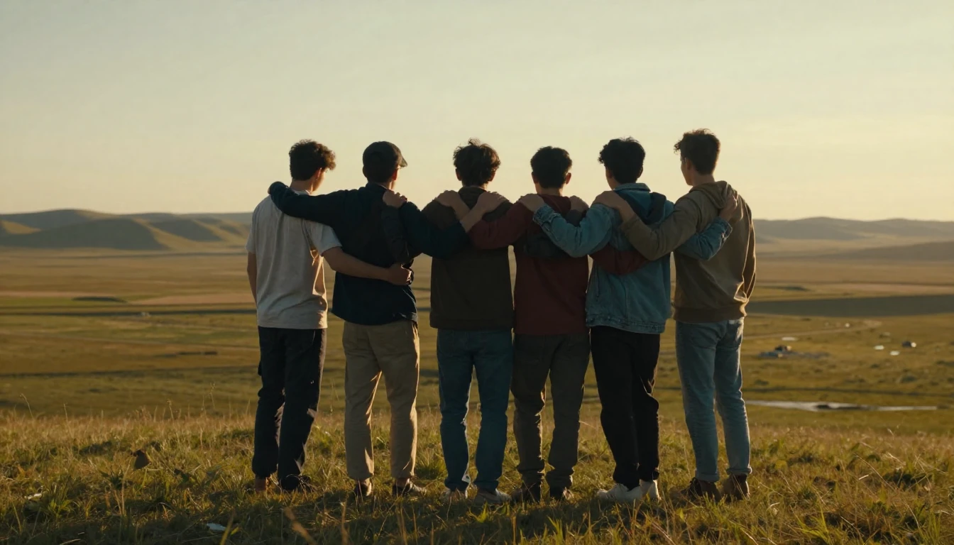 A heartwarming group portrait of young men standing shoulder...