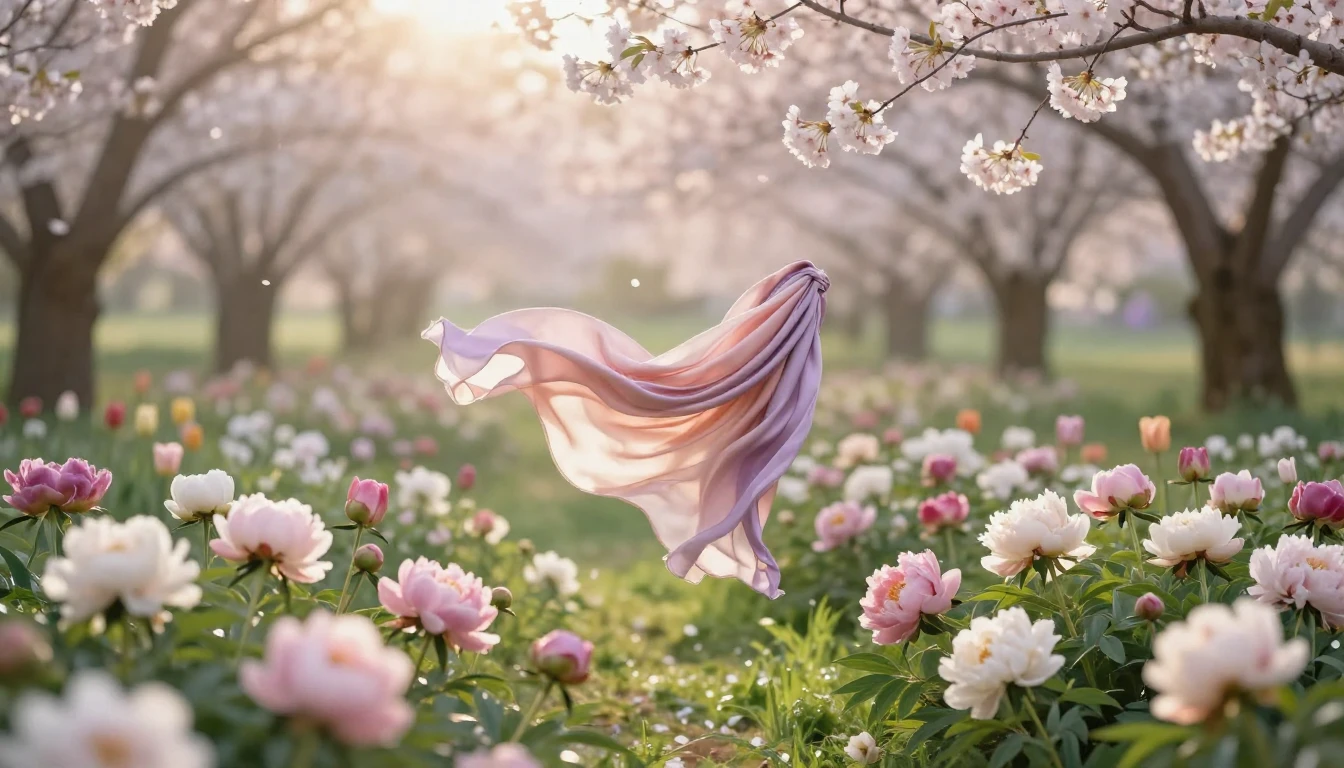 A breathtaking spring meadow filled with blooming peonies, t...