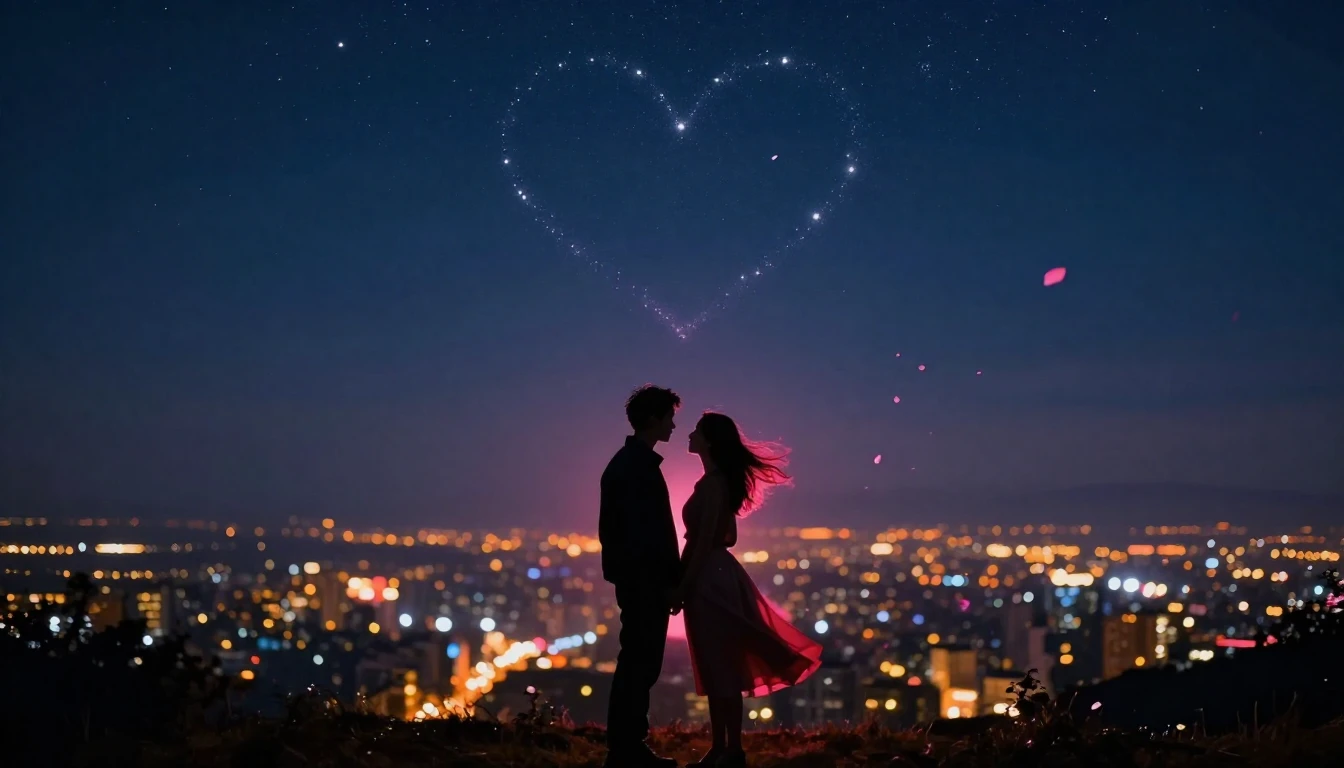 A romantic and atmospheric scene featuring silhouettes of a ...