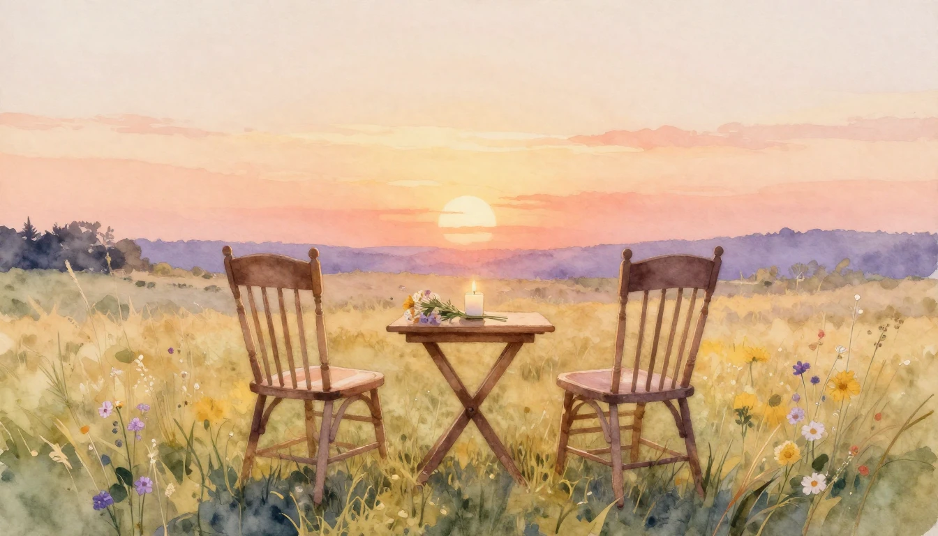 A beautiful watercolor painting of two empty chairs facing a...