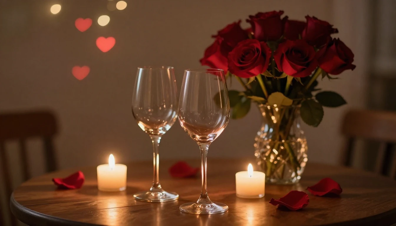 A serene and romantic scene featuring two elegant wine glass...