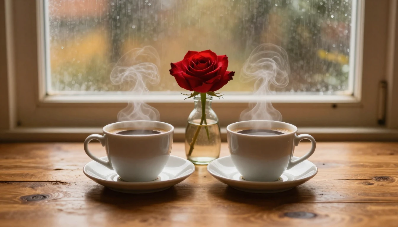 Two cups of steaming coffee sitting on a rustic wooden table...