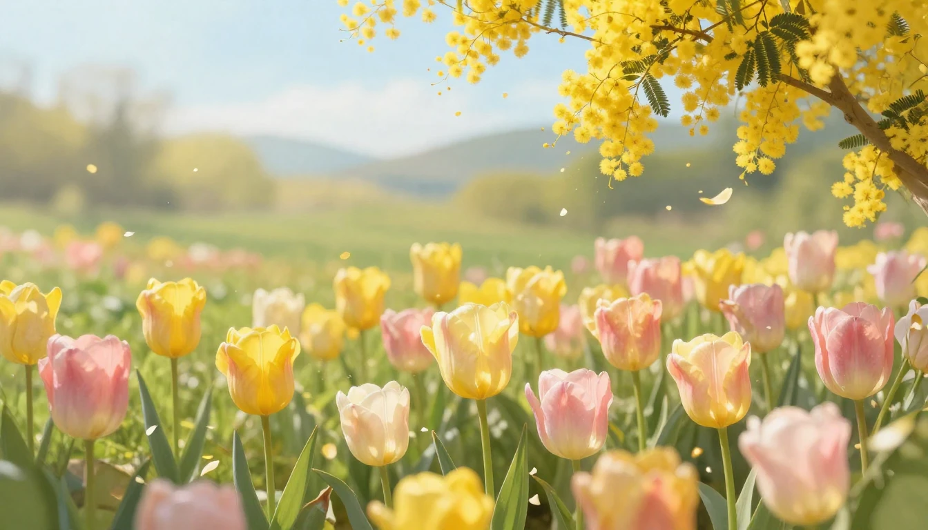 A lush spring garden filled with blooming tulips and delicat...