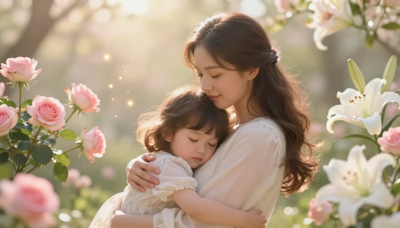 A heartwarming scene of a gentle mother lovingly embracing h...