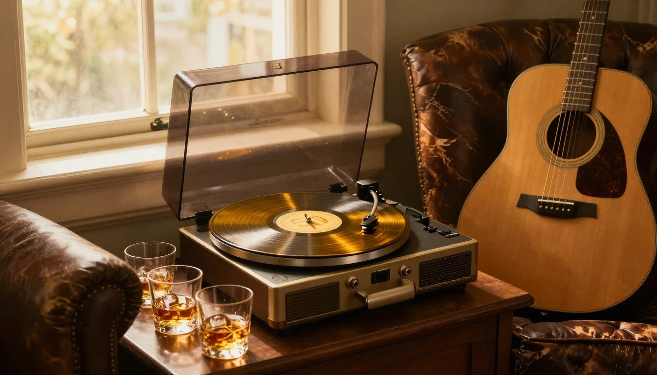 A warm and nostalgic scene celebrating a 50th birthday. In t...