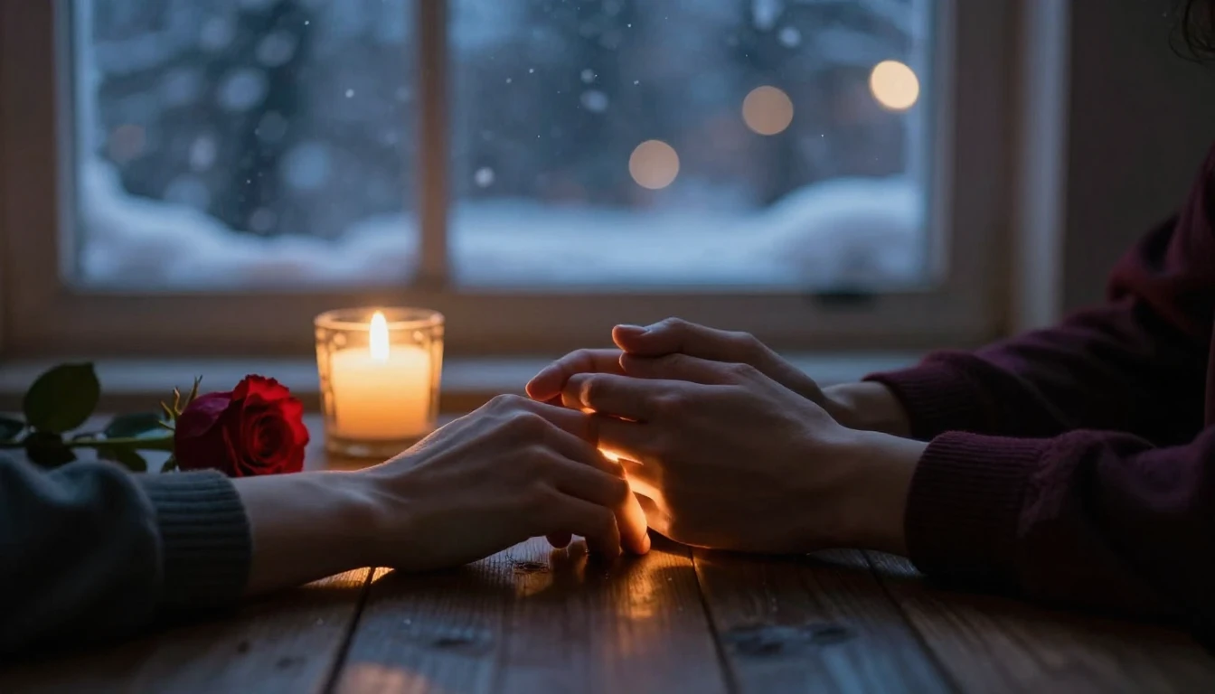 A romantic close-up scene at twilight. Two hands holding eac...