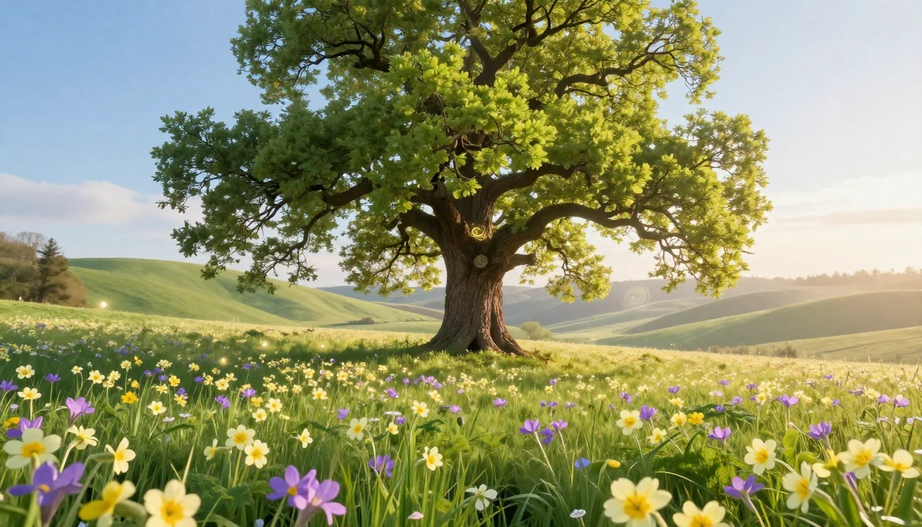 A lush meadow filled with blooming wildflowers like primrose...