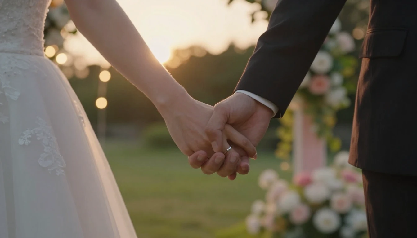 A close-up cinematic shot of a bride and groom holding hands...