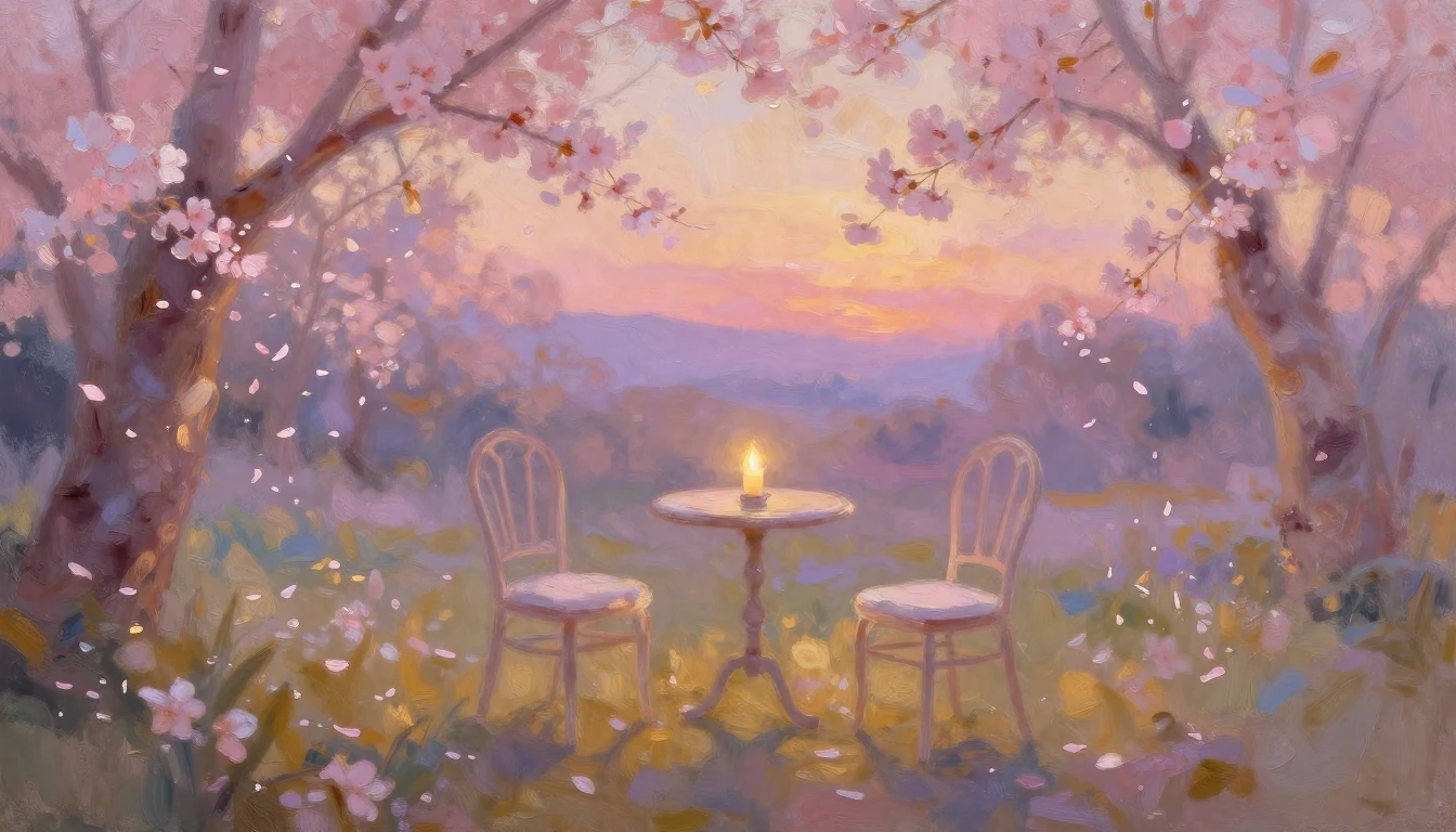 An impressionist painting of a serene garden at sunset. Soft...