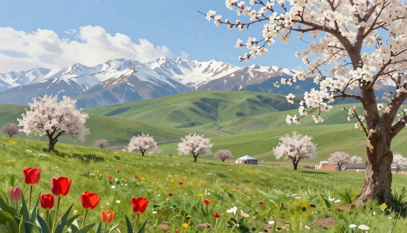 A vibrant spring landscape in Central Asia during the Nowruz...