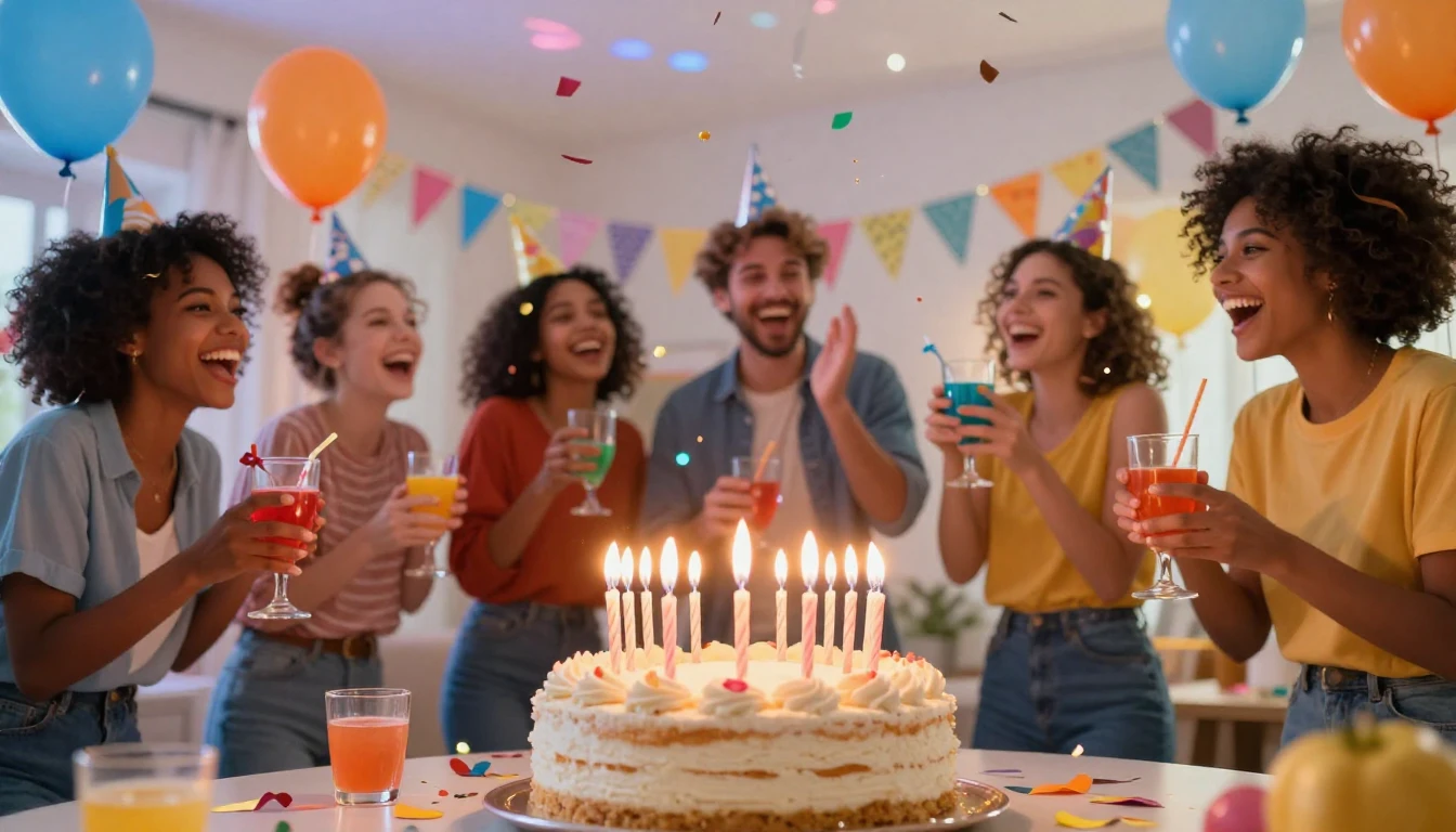 A vibrant and cheerful birthday party scene inside a modern ...