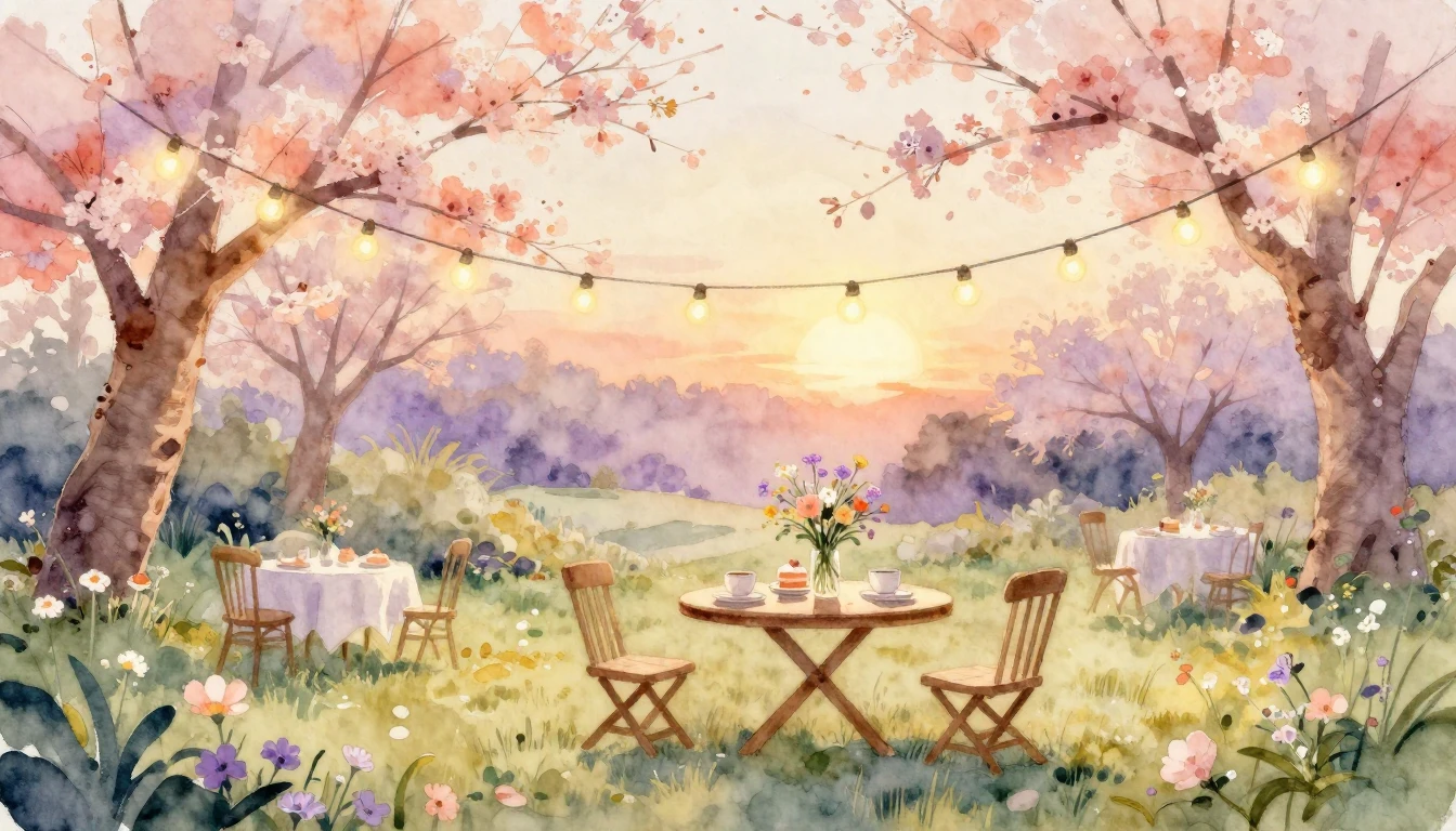A beautiful watercolor painting of a cozy outdoor garden par...