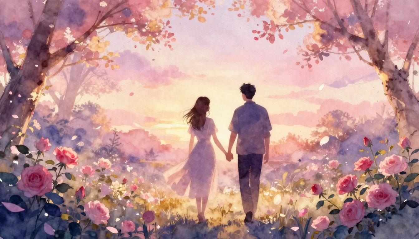 A beautiful watercolor painting of two silhouettes walking h...