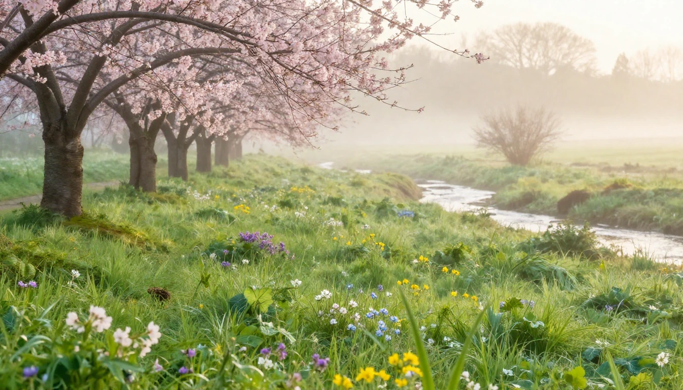 A beautiful scenery of a lush green meadow at sunrise on the...
