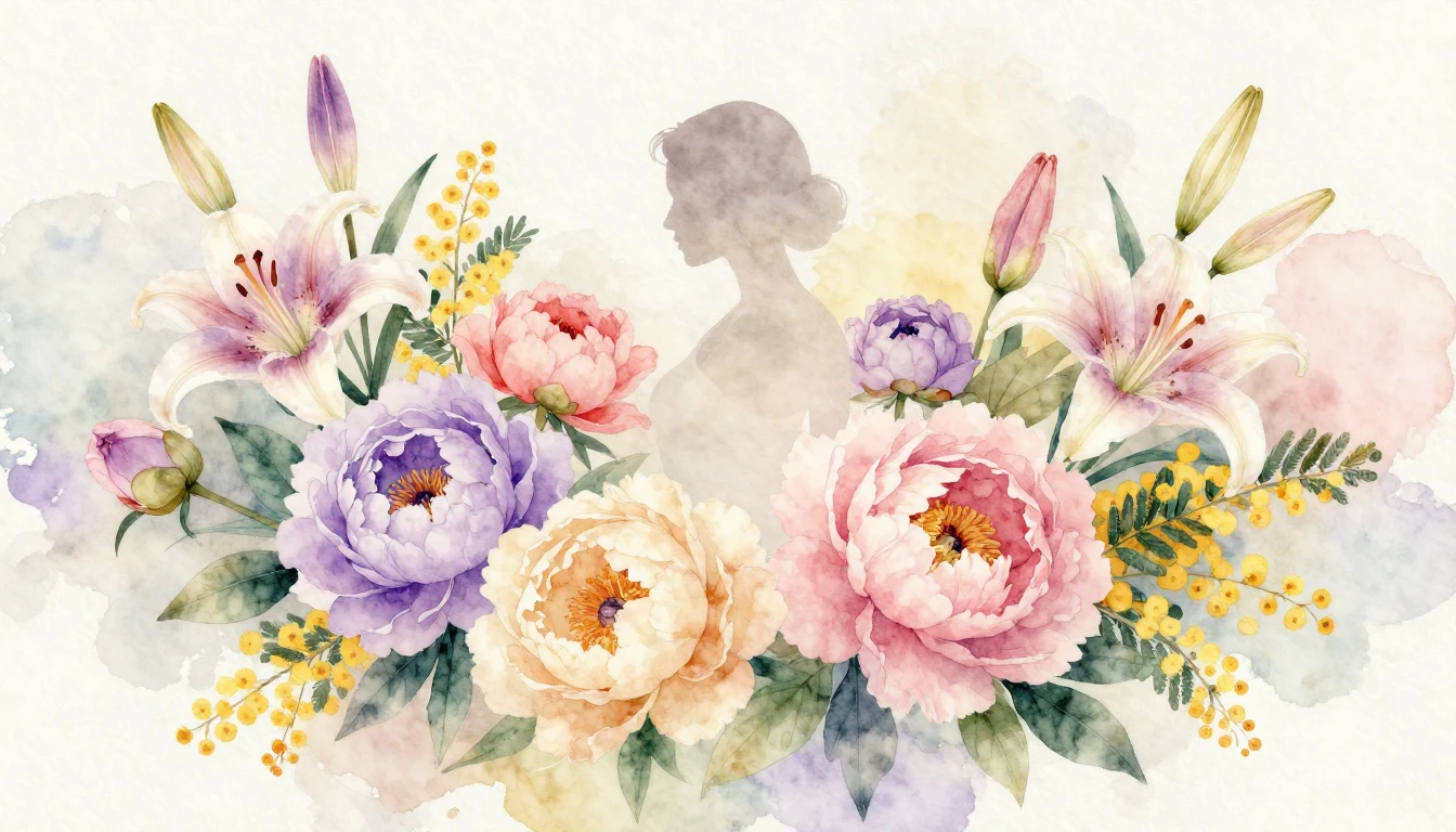 A delicate watercolor painting featuring a variety of bloomi...