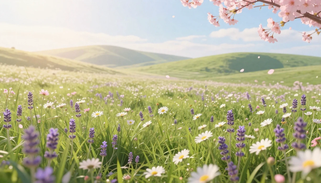 A serene landscape featuring a lush green meadow filled with...