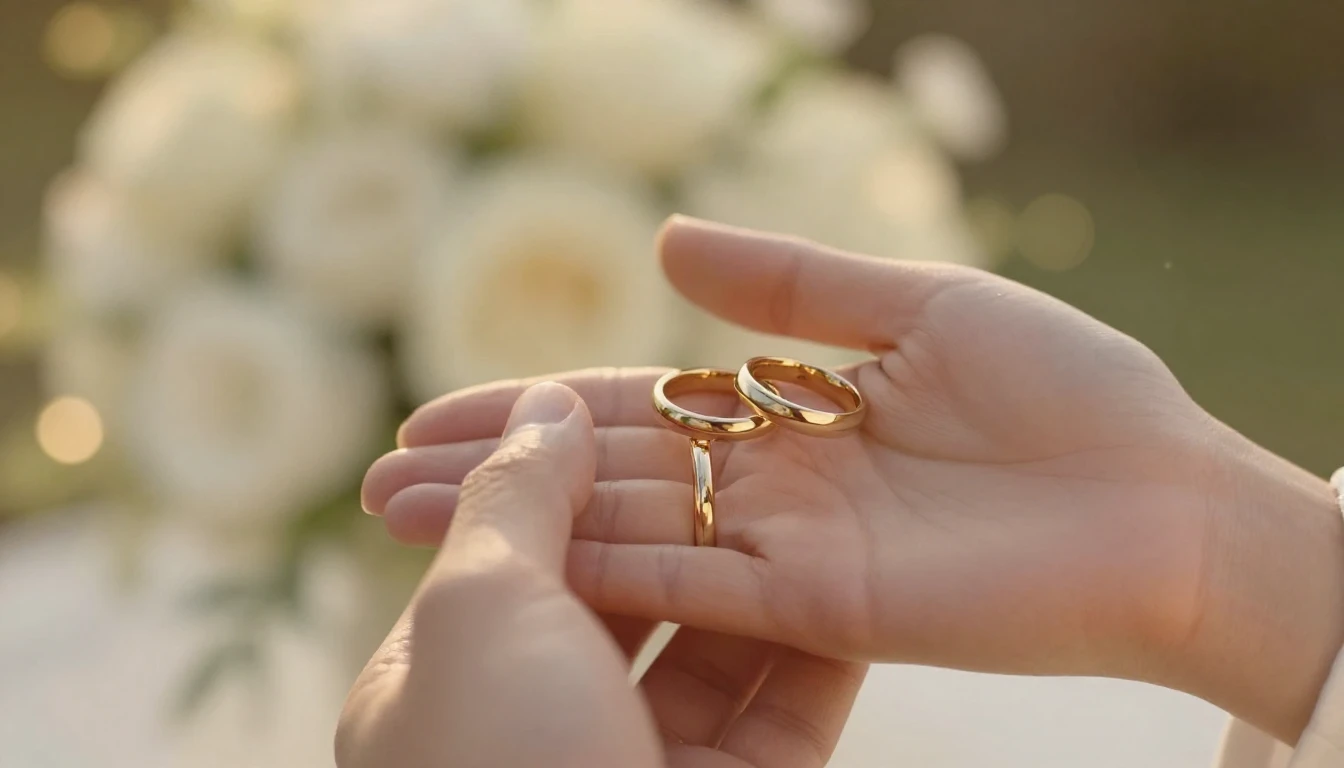 A romantic and elegant wedding scene, close-up of two hands ...