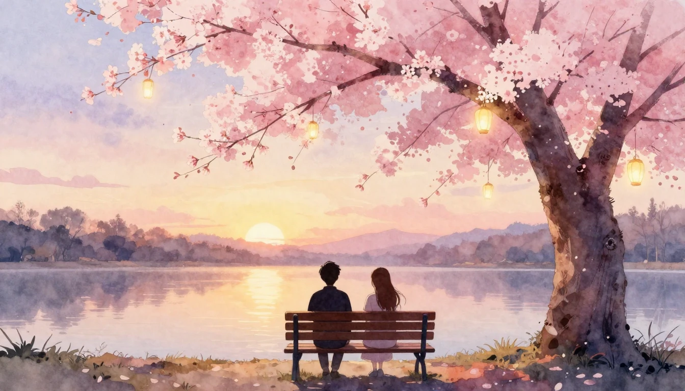 A delicate watercolor painting of two stylized silhouettes s...