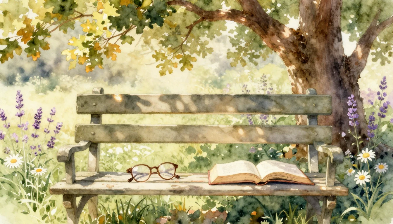 A serene watercolor painting of a sun-drenched garden bench ...