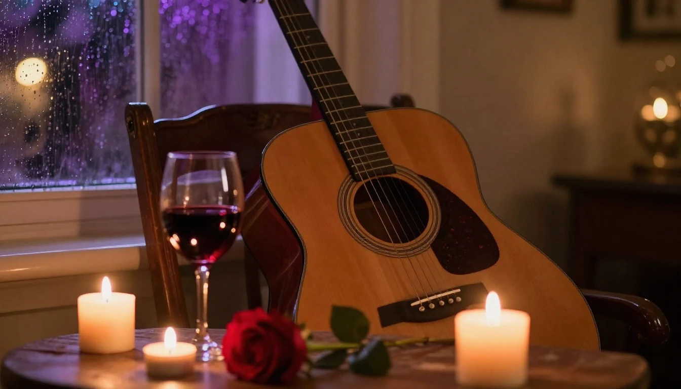 A warm and intimate close-up scene of an acoustic guitar res...