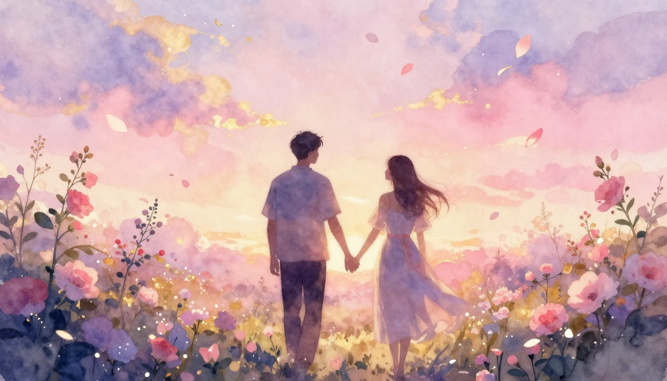 A dreamy watercolor painting of two silhouettes walking hand...