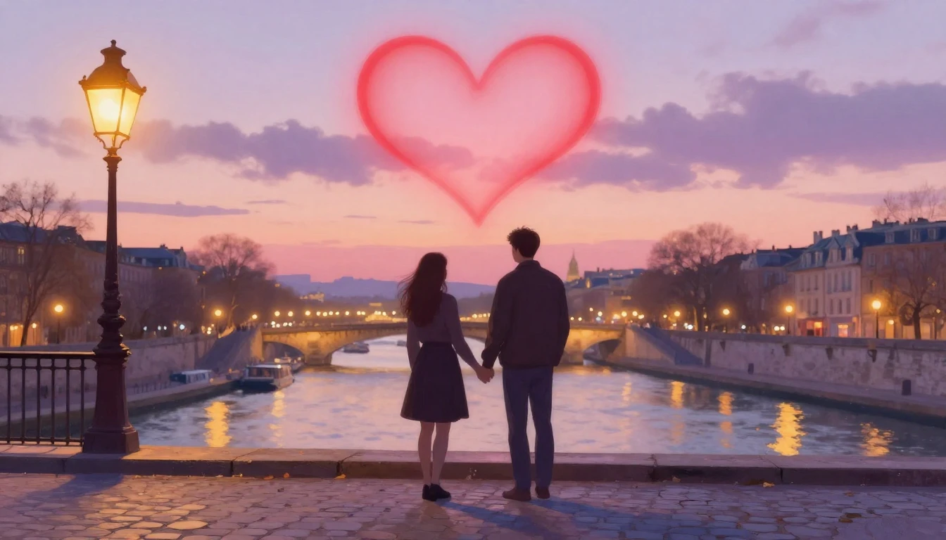 A romantic and ethereal scene featuring two silhouettes hold...