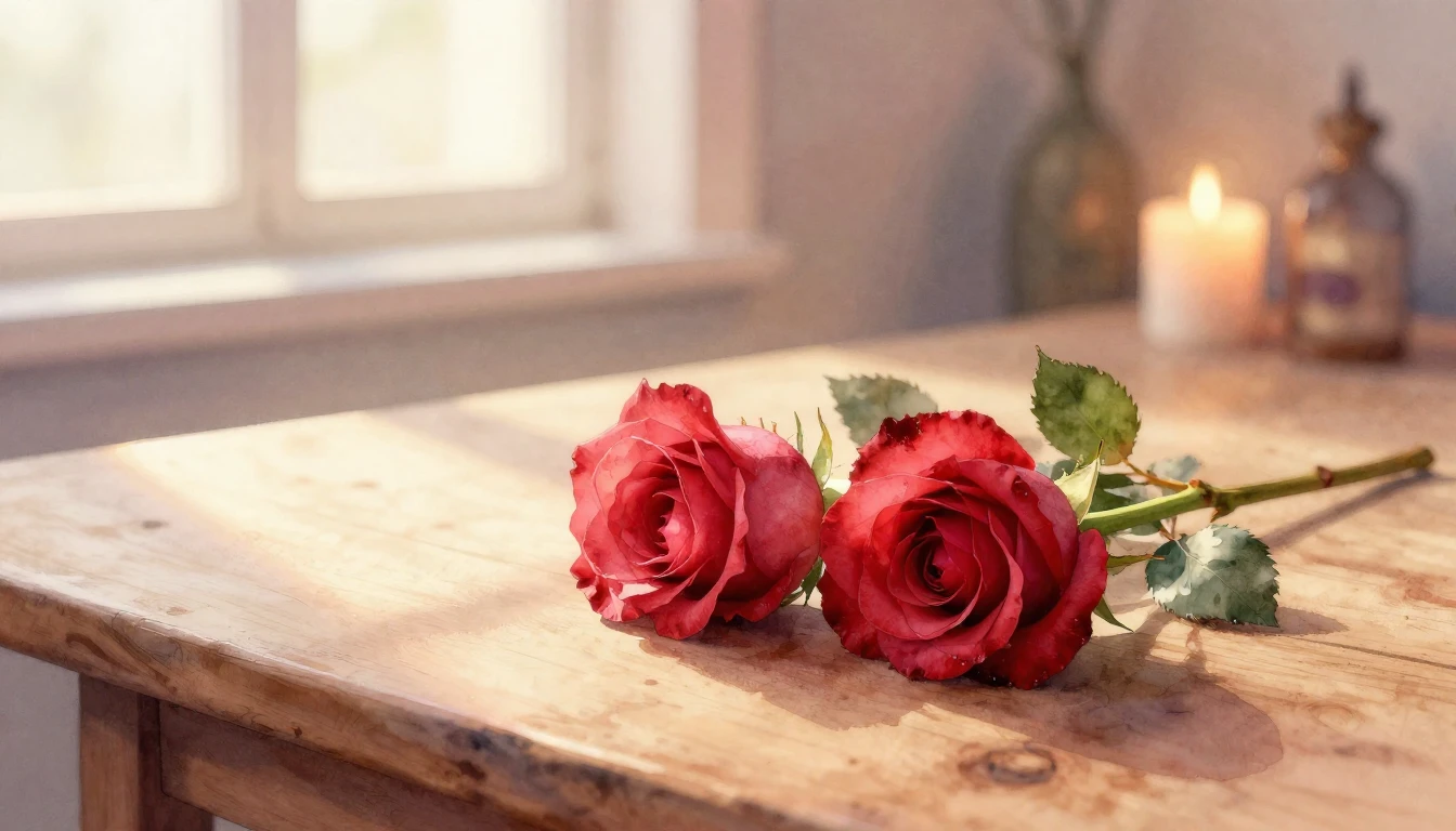 A beautiful watercolor painting of two delicate red roses in...