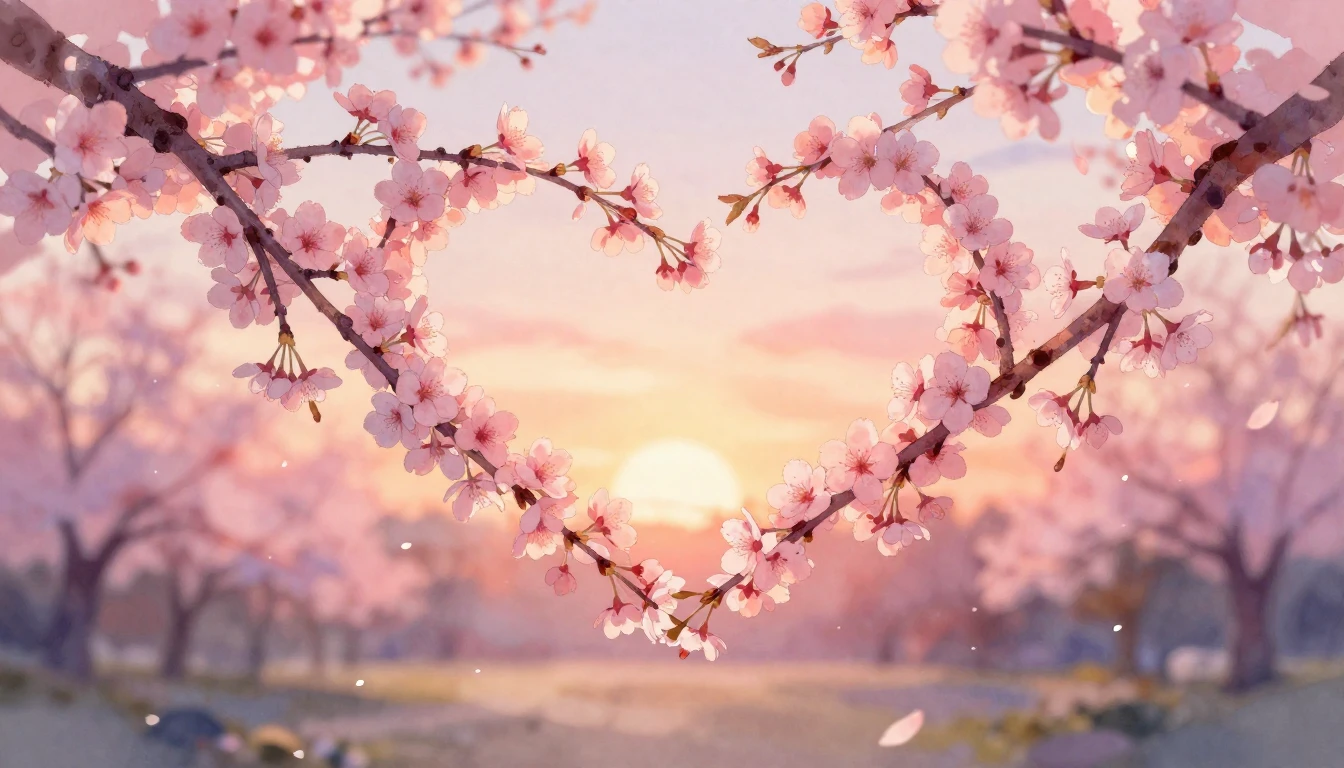 A delicate watercolor painting of two intertwined cherry blo...