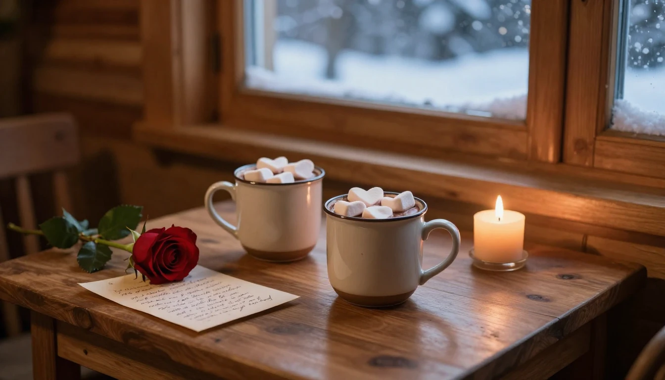 A cozy, romantic close-up scene inside a warm wooden cabin. ...