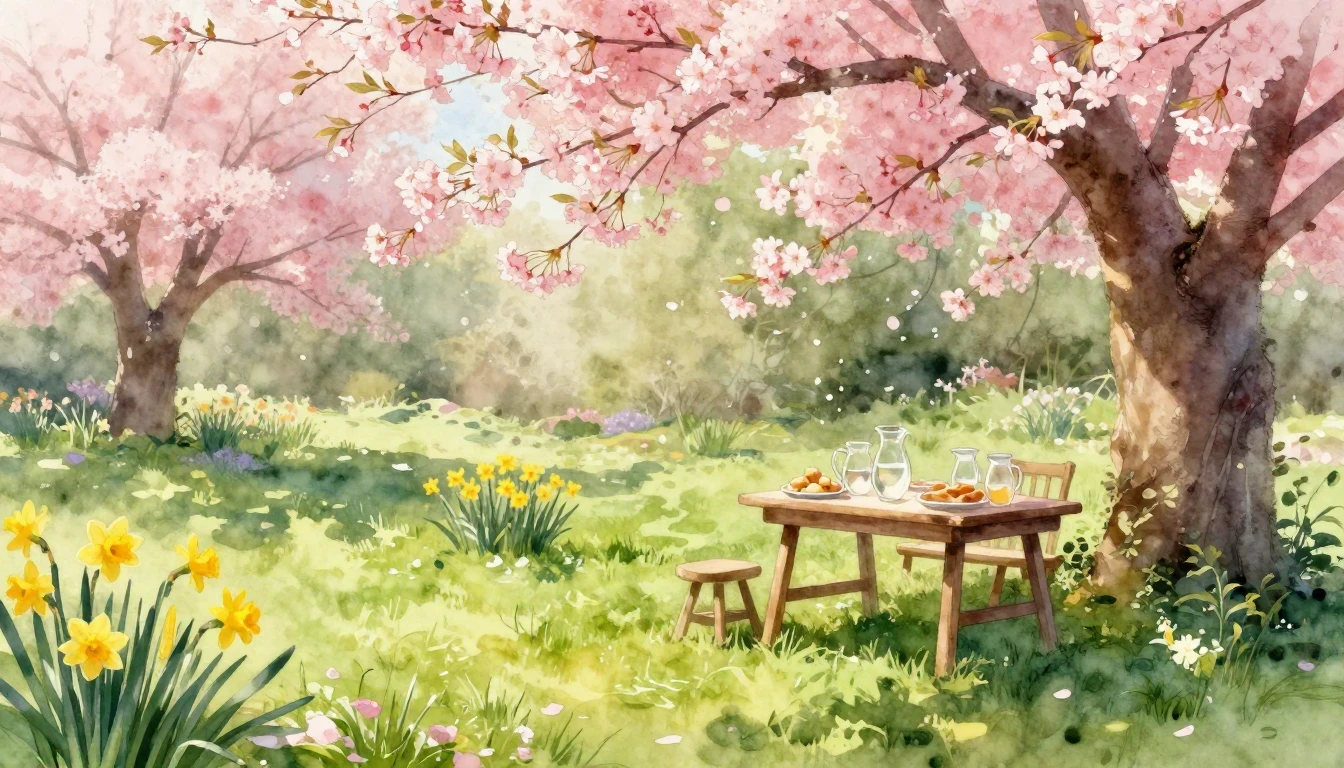 A beautiful spring garden in full bloom during a sunny after...