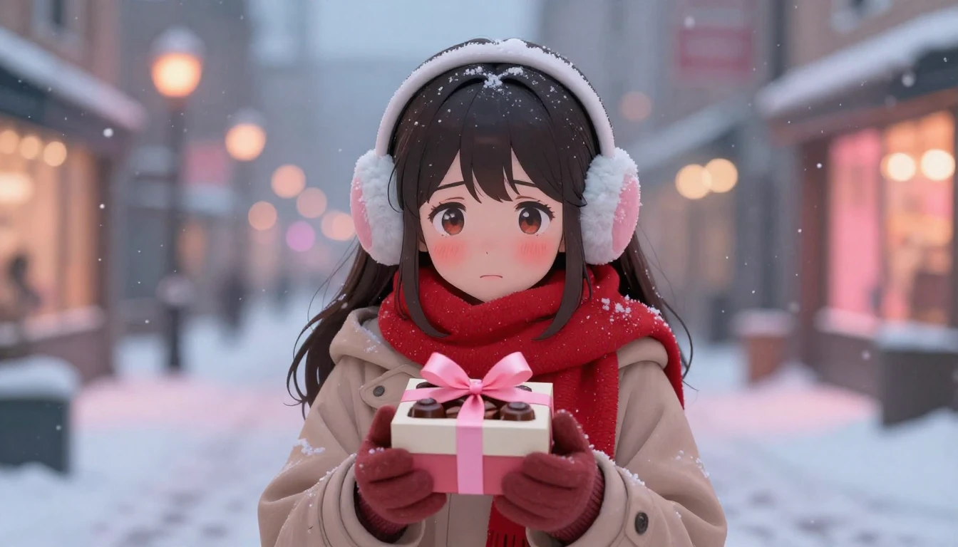 An anime style illustration of a young girl standing in a sn...