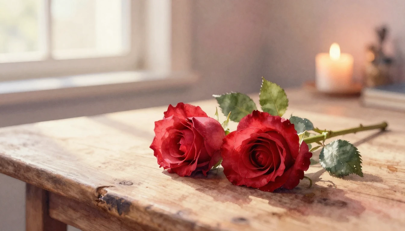 A beautiful watercolor painting of two delicate red roses in...