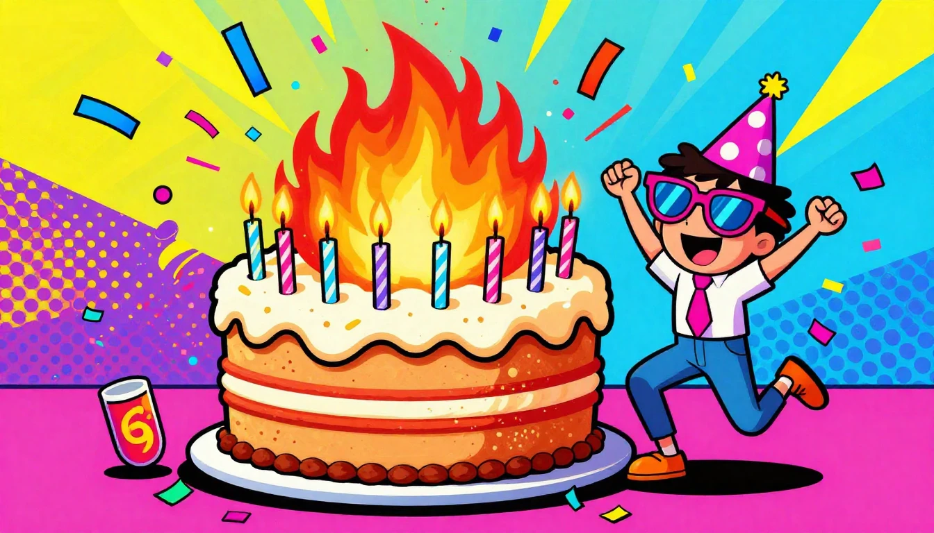 A vibrant and humorous pop art illustration of a birthday pa...