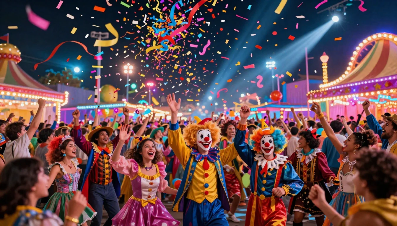 A vibrant, high-energy digital artwork depicting a lively ca...