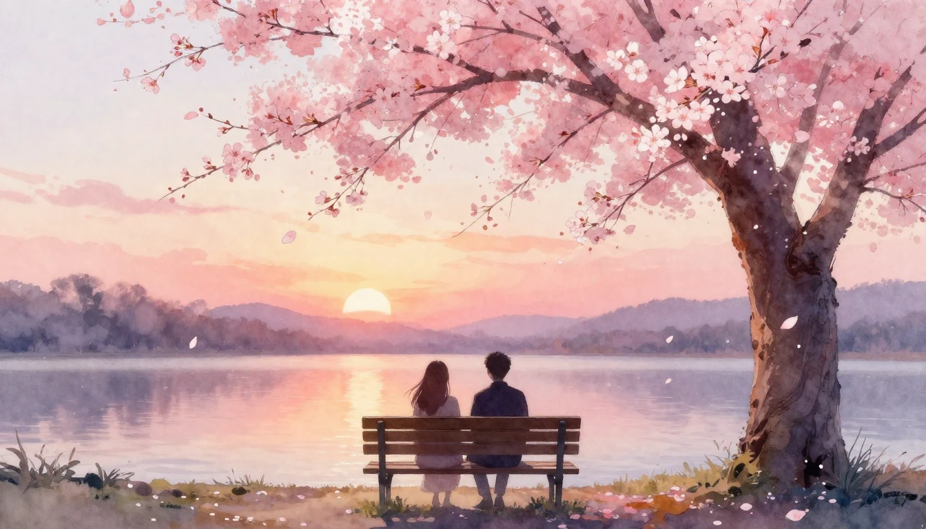 A soft watercolor painting of two silhouettes sitting on a w...