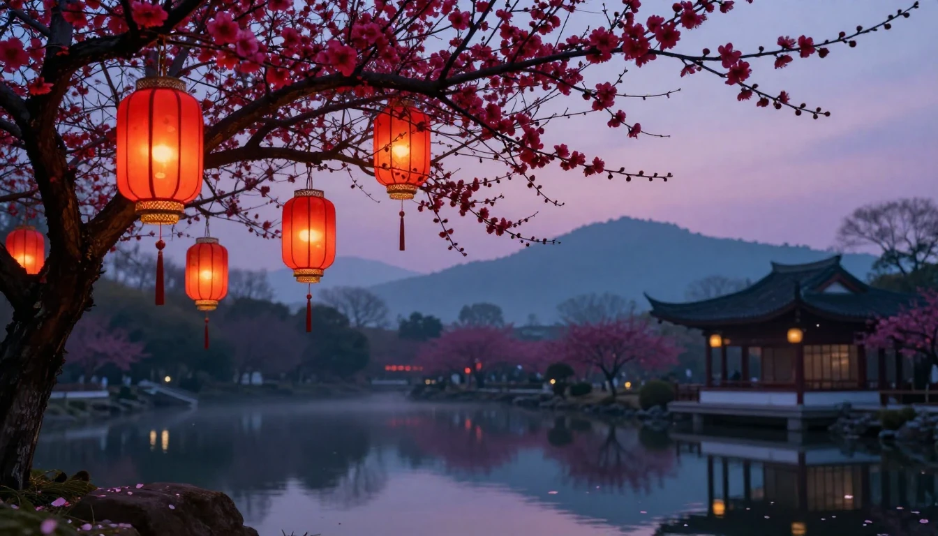 A serene landscape of a traditional East Asian garden at dus...